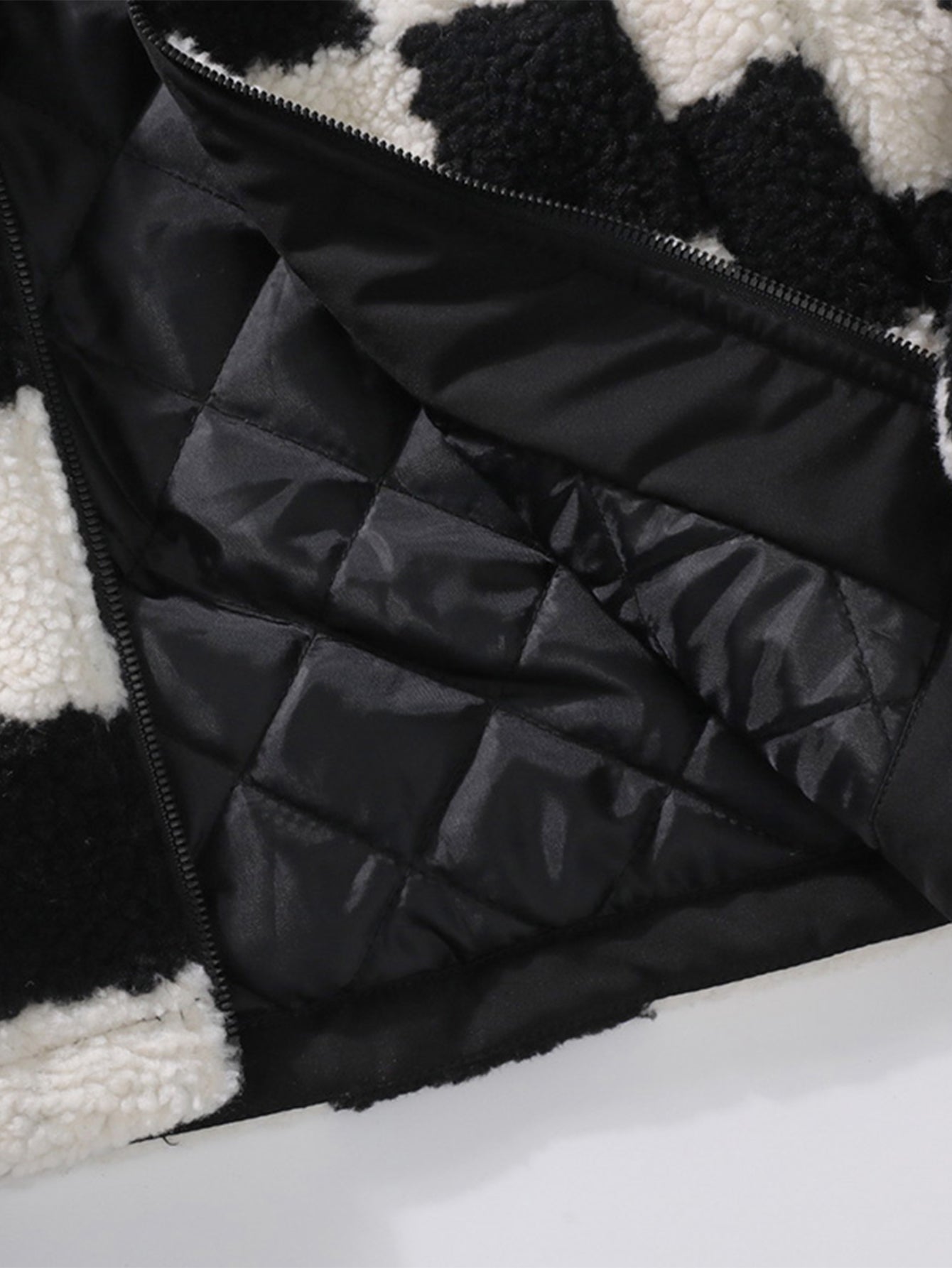 Teddy Fleece Checkerboard Stand Collar Jacket