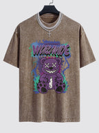 Tattered Bear Print Washed Drop Shoulder Oversize T-Shirt