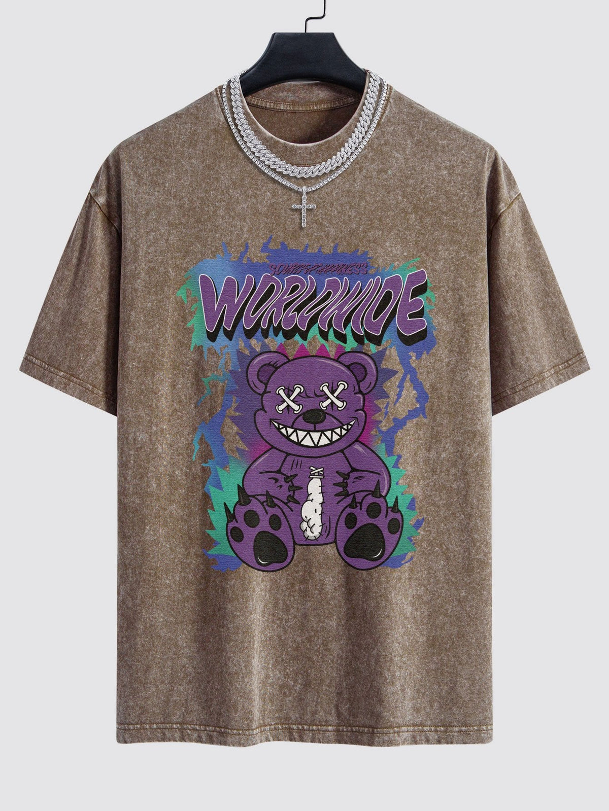 Tattered Bear Print Washed Drop Shoulder Oversize T-Shirt