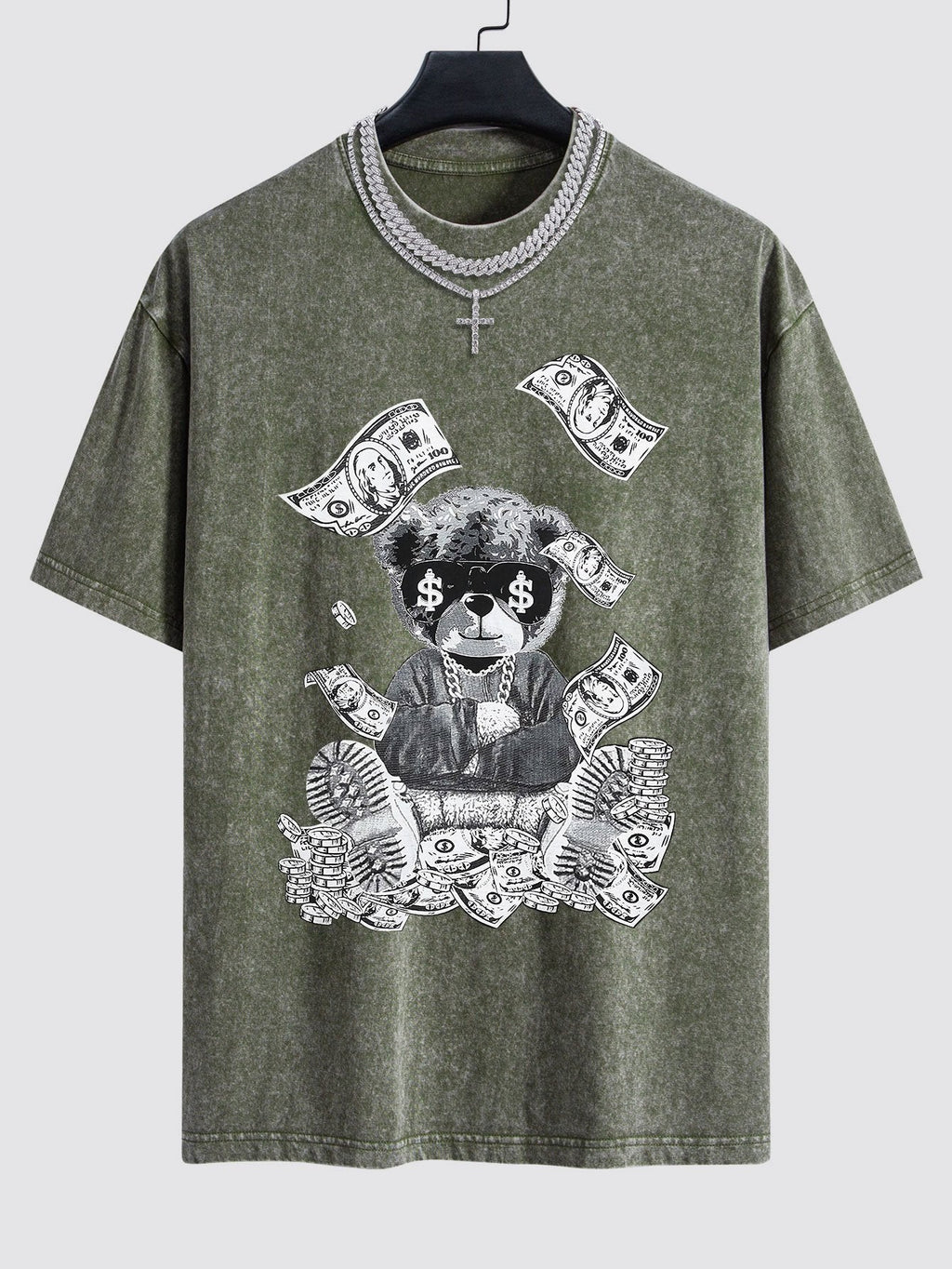 Money Bear Print Washed Drop Shoulder Oversize T-Shirt