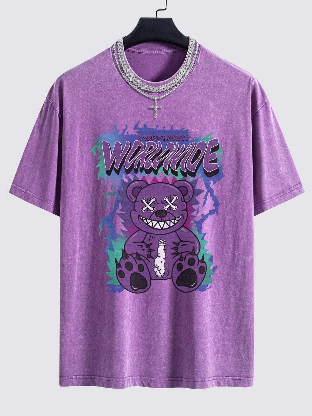Tattered Bear Print Washed Drop Shoulder Oversize T-Shirt