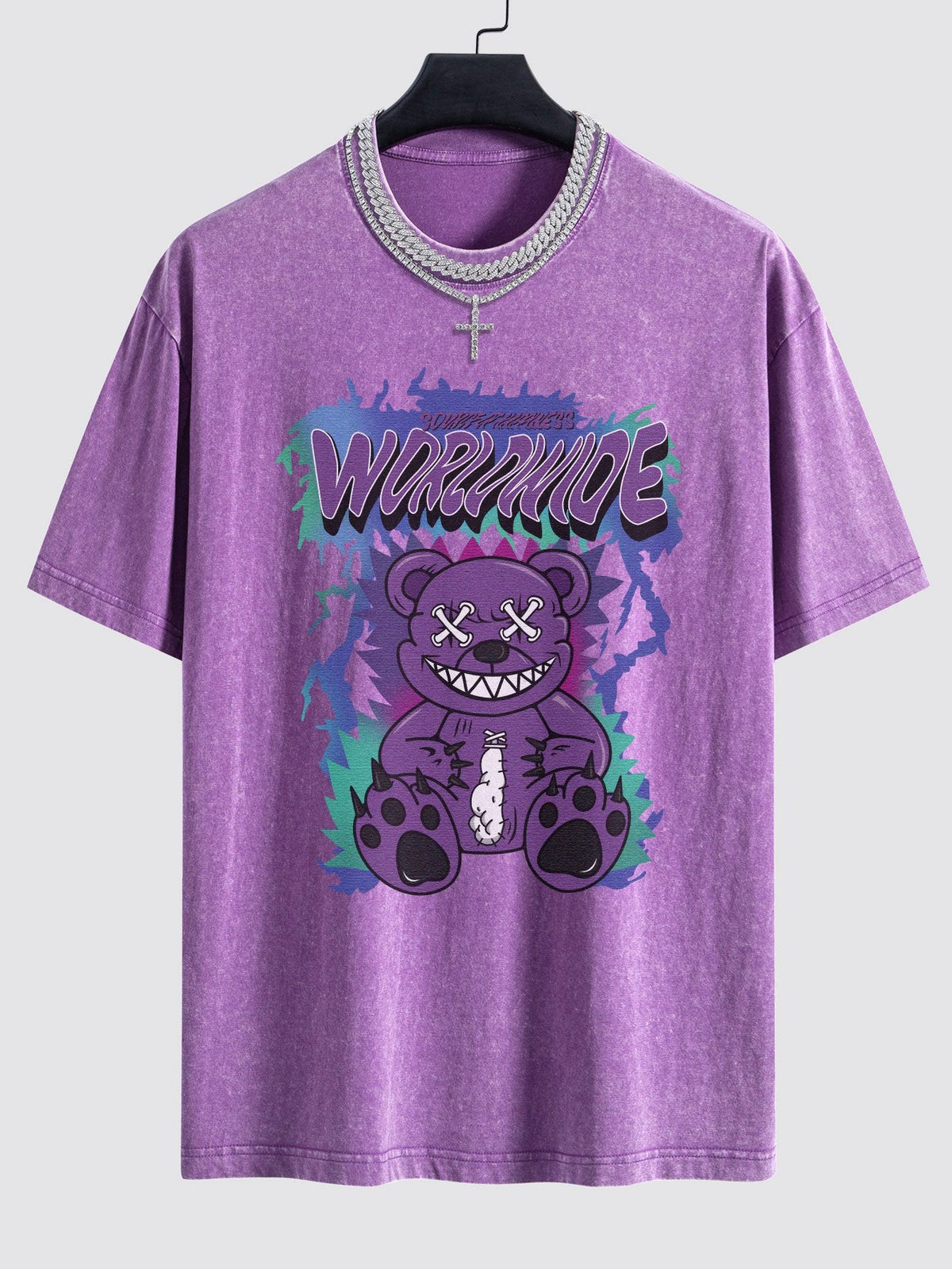 Tattered Bear Print Washed Drop Shoulder Oversize T-Shirt