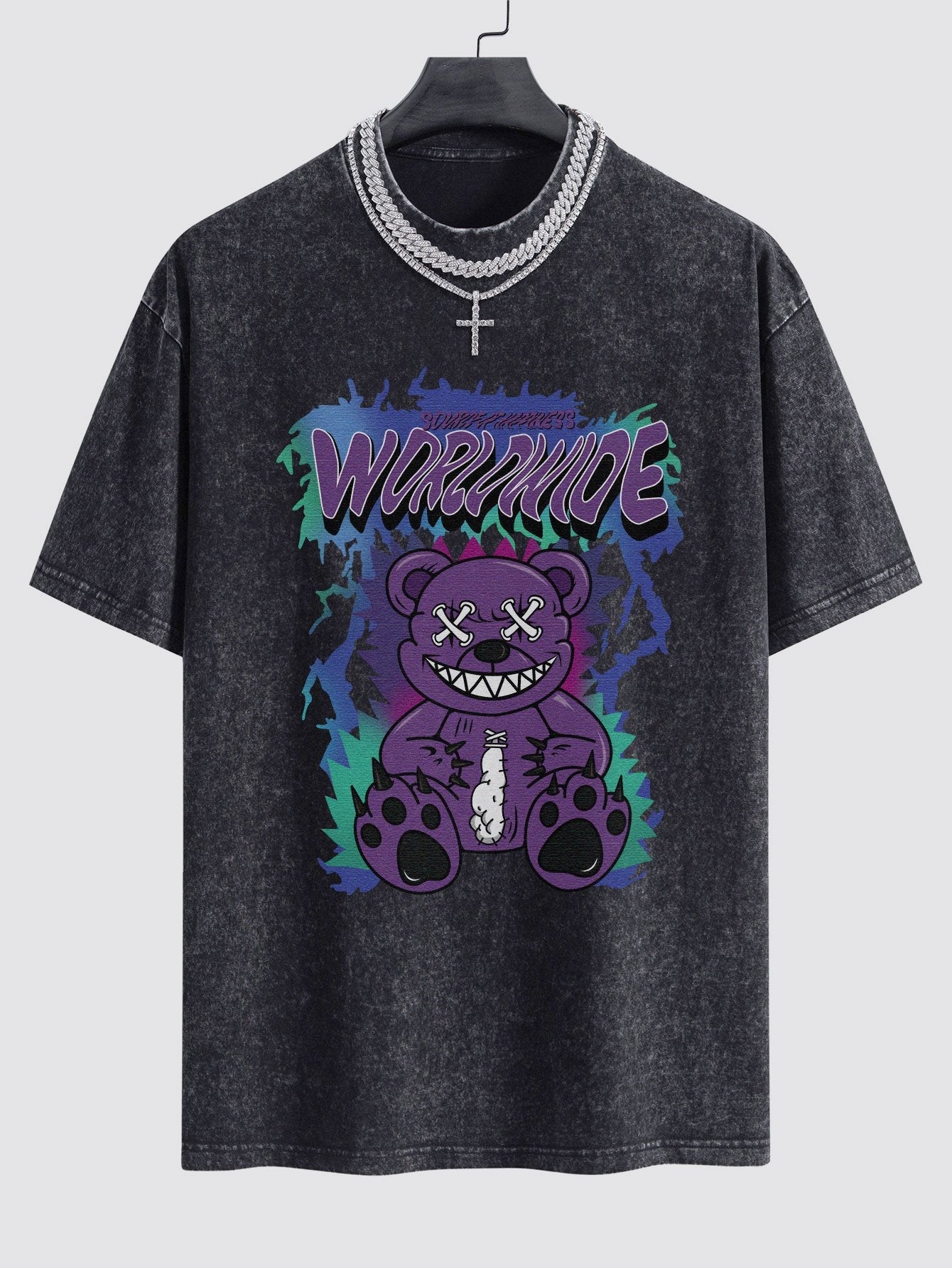 Tattered Bear Print Washed Drop Shoulder Oversize T-Shirt
