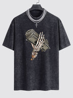 Skeleton Holding Cash Print Washed Drop Shoulder Oversize T-Shirt
