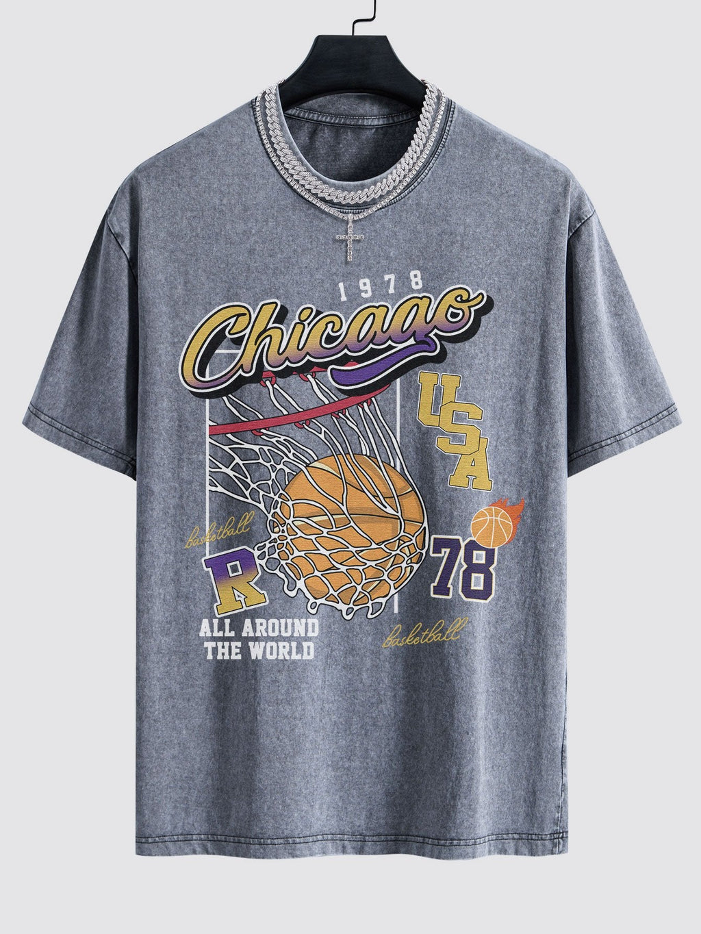 Chicago Basketball Print Washed Drop Shoulder Oversize T-Shirt