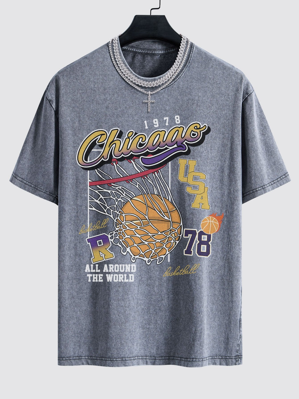 Chicago Basketball Print Washed Drop Shoulder Oversize T-Shirt