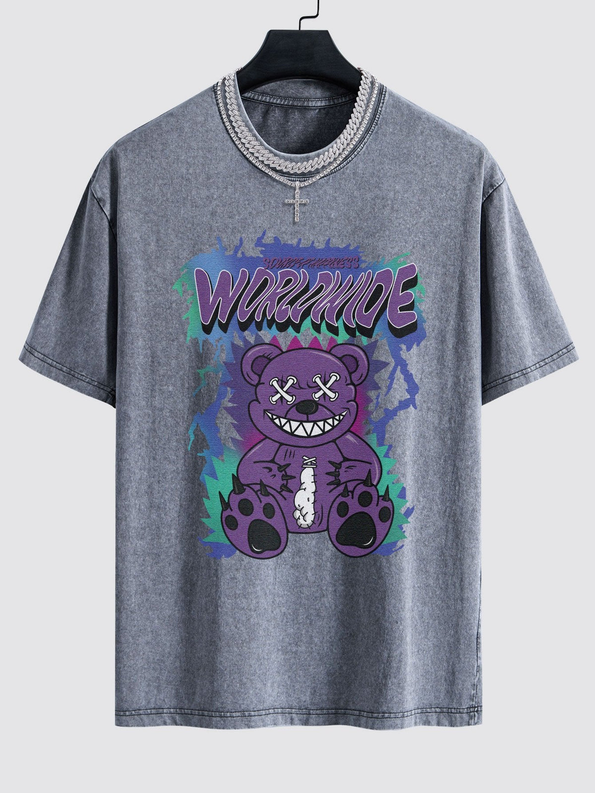 Tattered Bear Print Washed Drop Shoulder Oversize T-Shirt
