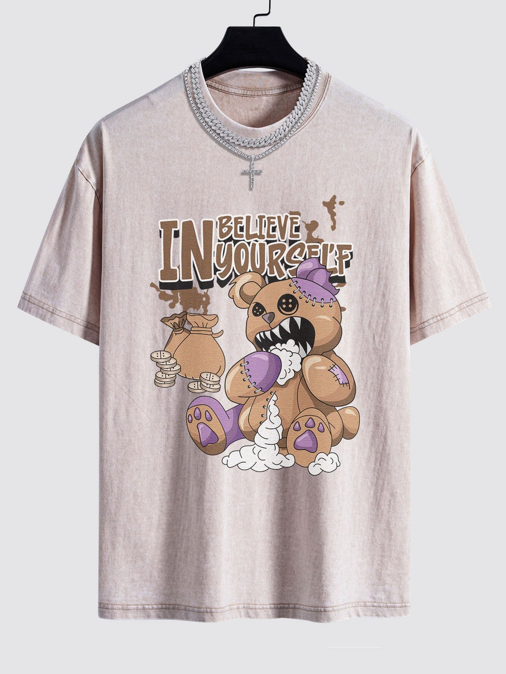 Violent Bear Slogan Print Washed Drop Shoulder Oversize T-Shirt