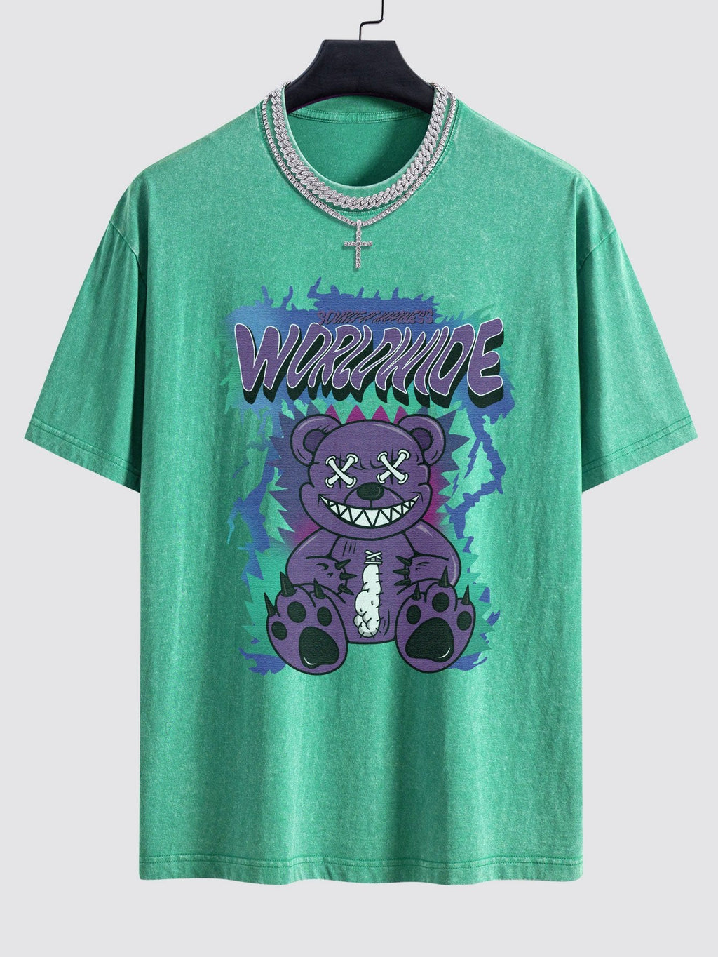 Tattered Bear Print Washed Drop Shoulder Oversize T-Shirt