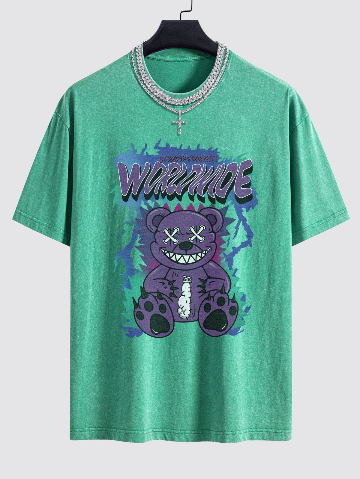 Tattered Bear Print Washed Drop Shoulder Oversize T-Shirt