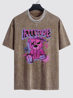 Slogan Violent Bear Print Washed Drop Shoulder Oversize T-Shirt