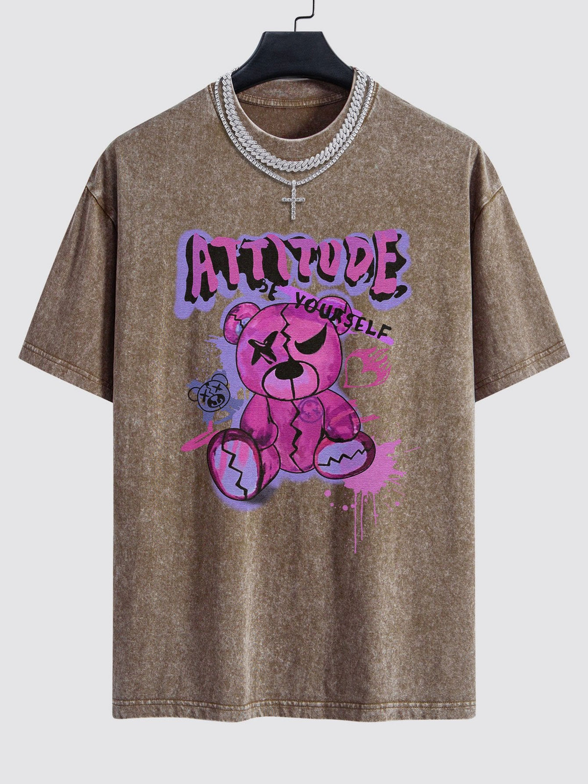 Slogan Violent Bear Print Washed Drop Shoulder Oversize T-Shirt