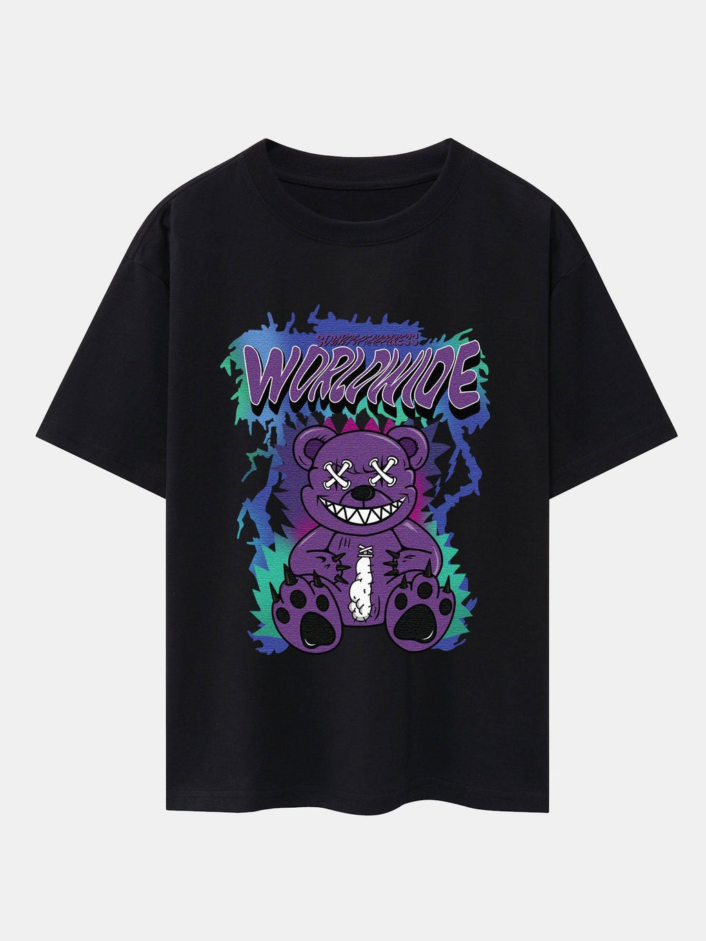 Tattered Bear Print Drop Shoulder Oversize T-Shirt