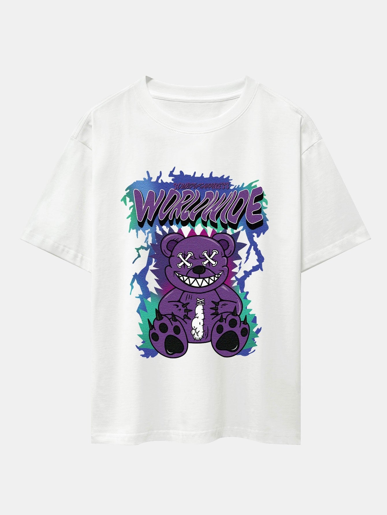 Tattered Bear Print Drop Shoulder Oversize T-Shirt