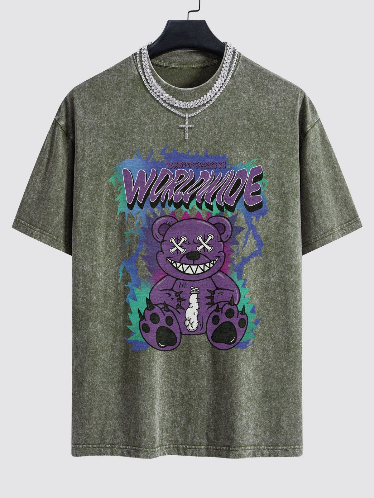 Tattered Bear Print Washed Drop Shoulder Oversize T-Shirt