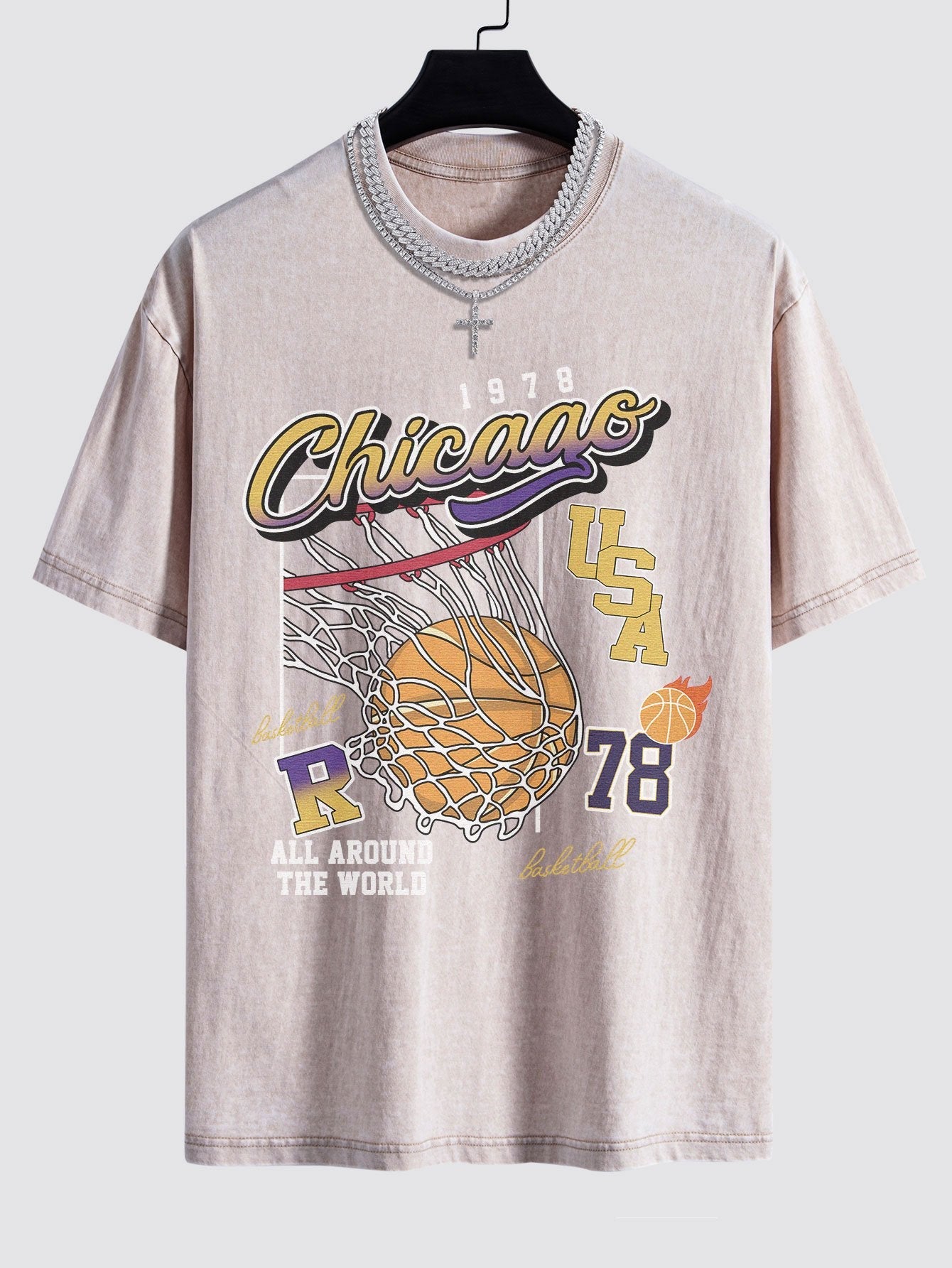 Chicago Basketball Print Washed Drop Shoulder Oversize T-Shirt
