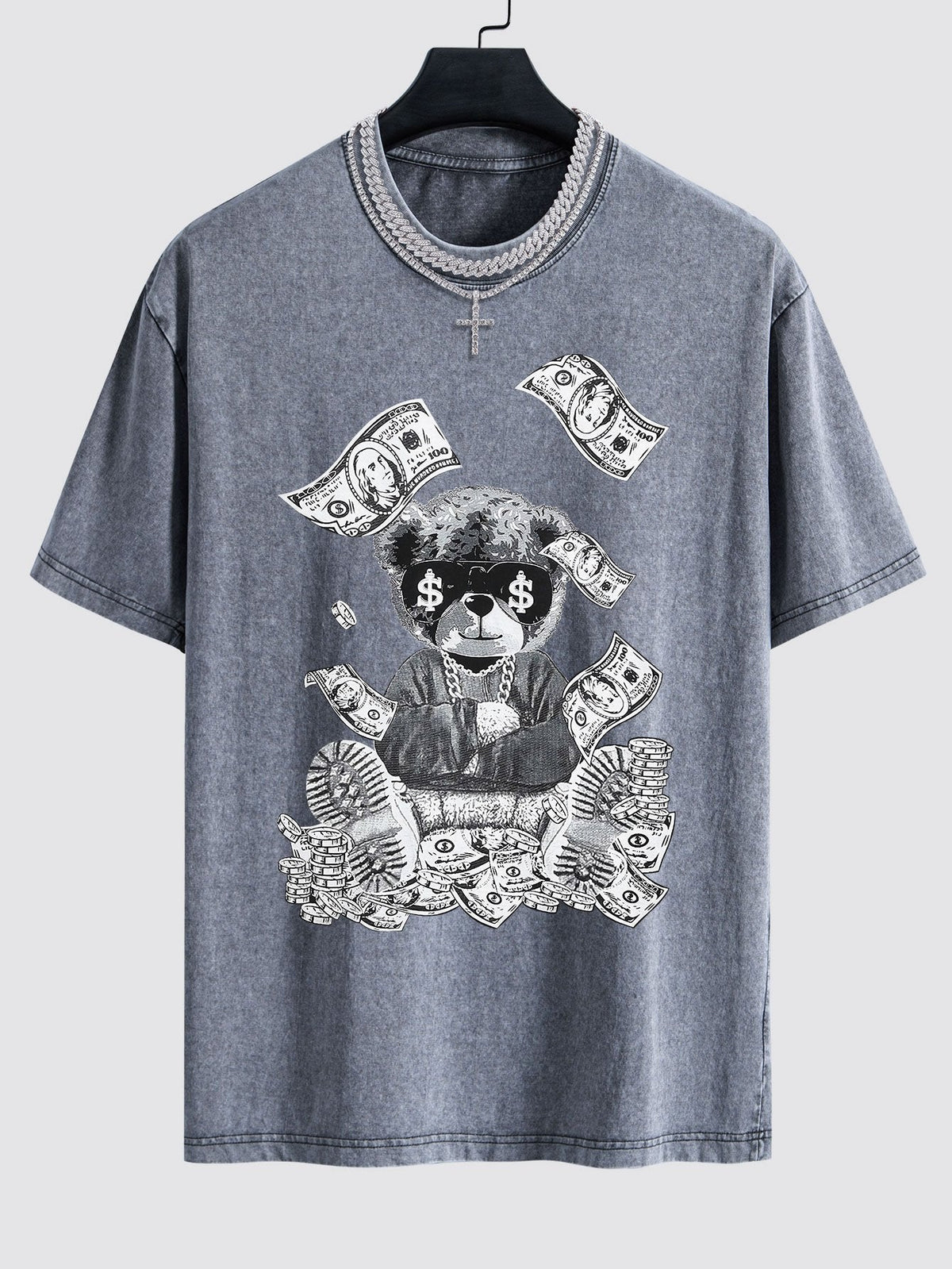 Money Bear Print Washed Drop Shoulder Oversize T-Shirt