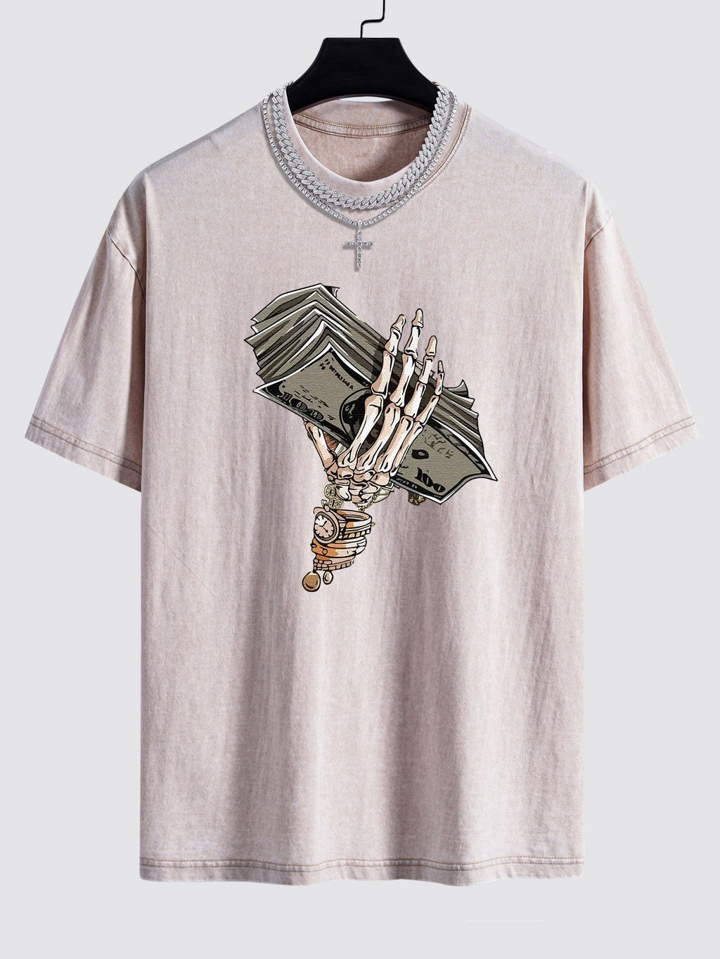 Skeleton Holding Cash Print Washed Drop Shoulder Oversize T-Shirt
