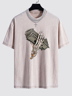 Skeleton Holding Cash Print Washed Drop Shoulder Oversize T-Shirt