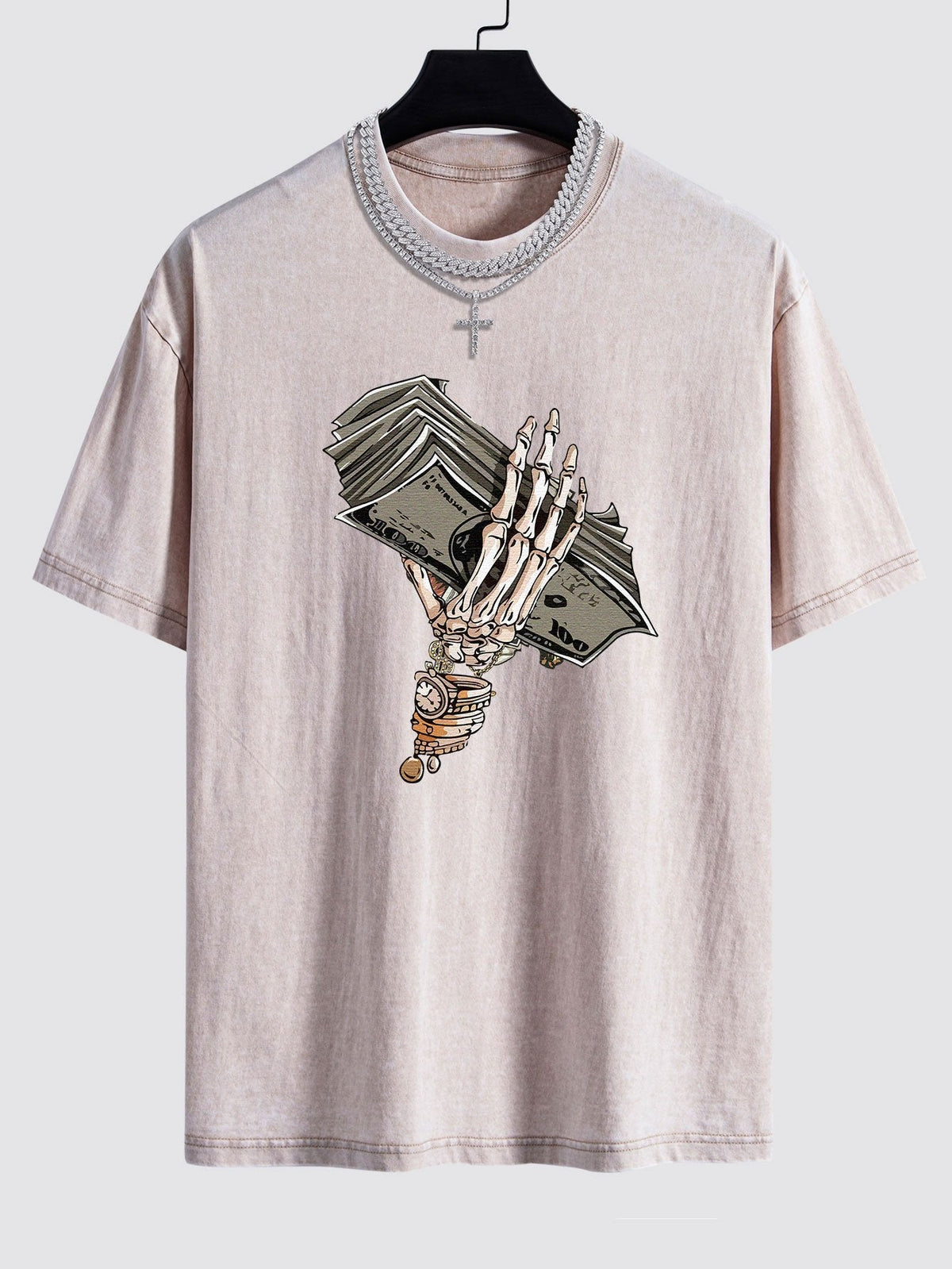 Skeleton Holding Cash Print Washed Drop Shoulder Oversize T-Shirt