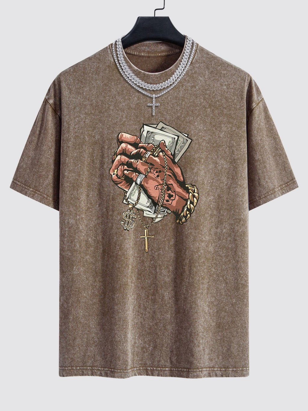 Hand Holding Cash Print Washed Drop Shoulder Oversize T-Shirt