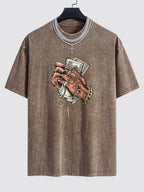 Hand Holding Cash Print Washed Drop Shoulder Oversize T-Shirt