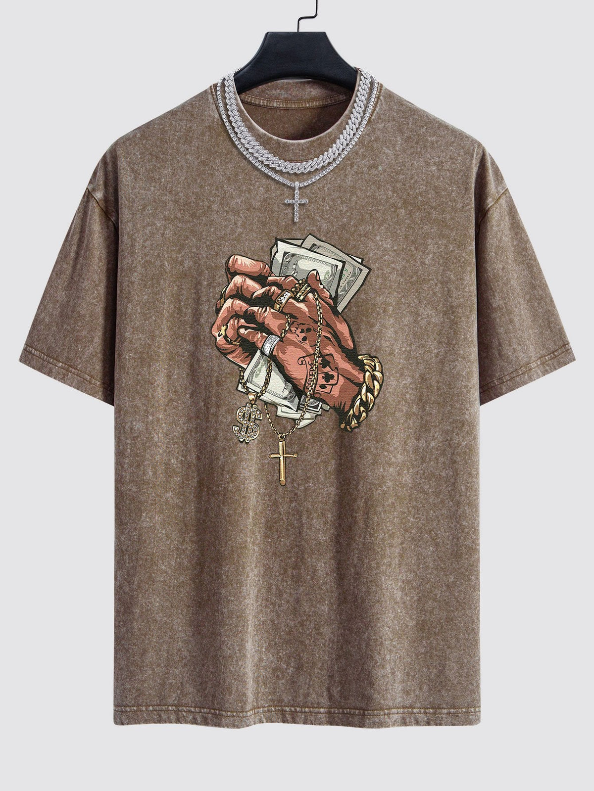 Hand Holding Cash Print Washed Drop Shoulder Oversize T-Shirt
