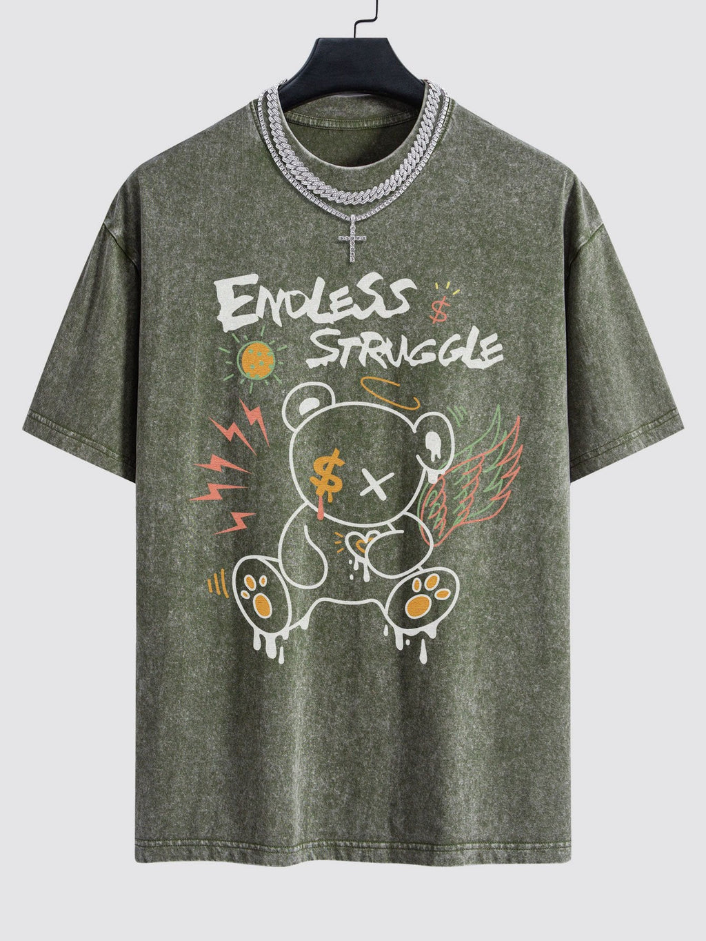 Graffiti Bear Print Washed Drop Shoulder Oversize T-Shirt