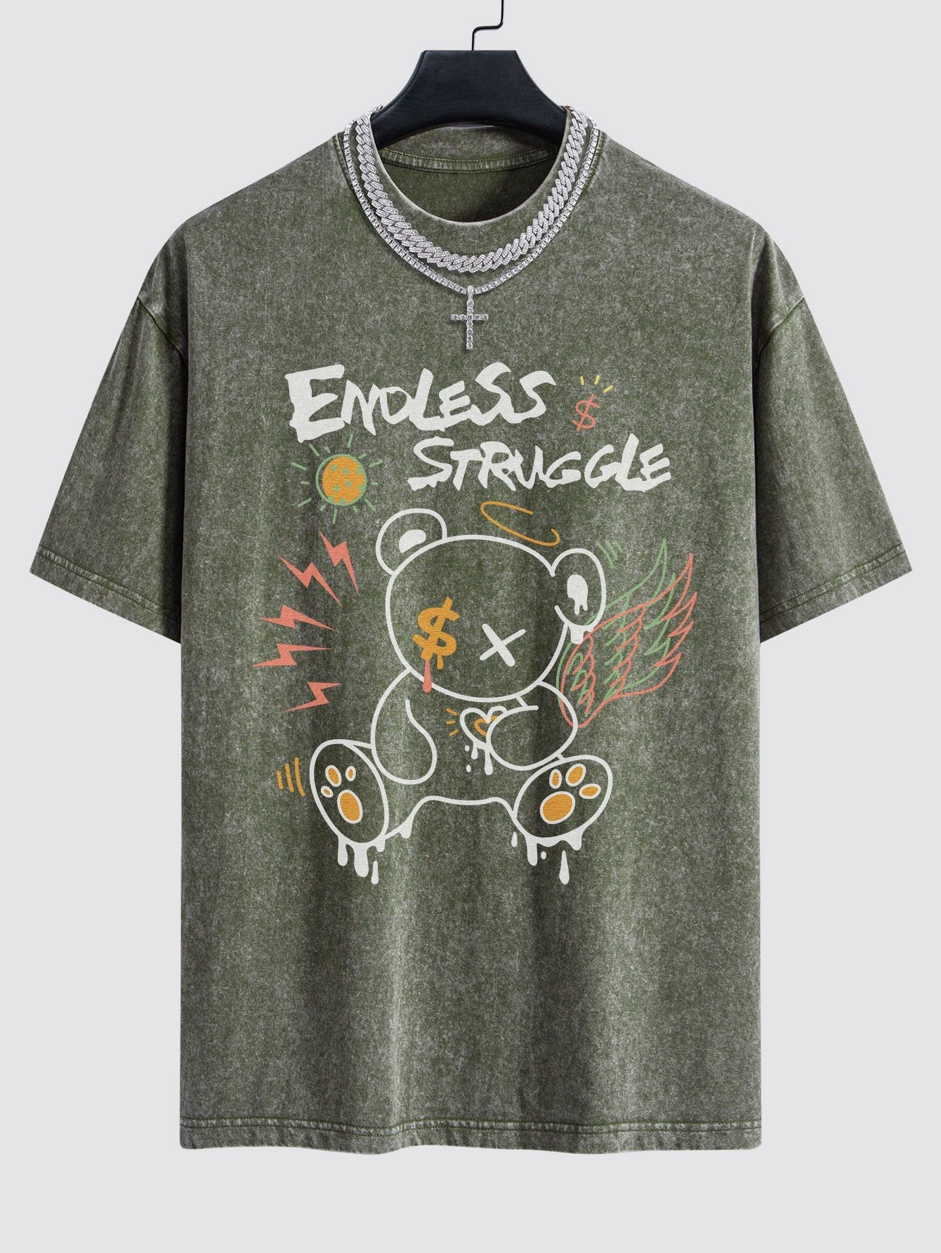 Graffiti Bear Print Washed Drop Shoulder Oversize T-Shirt