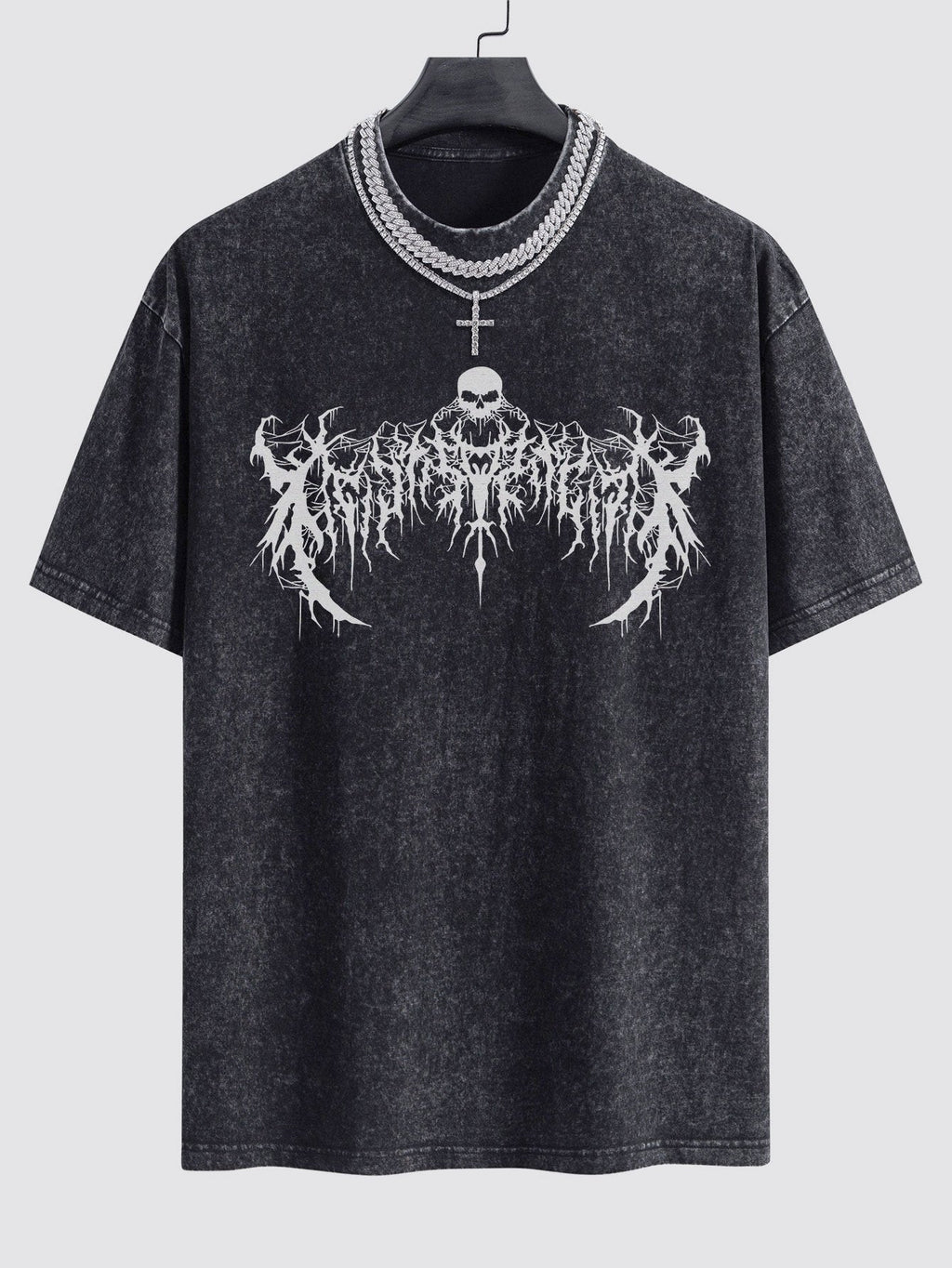 Goth Skull Print Washed Drop Shoulder Oversize T-Shirt