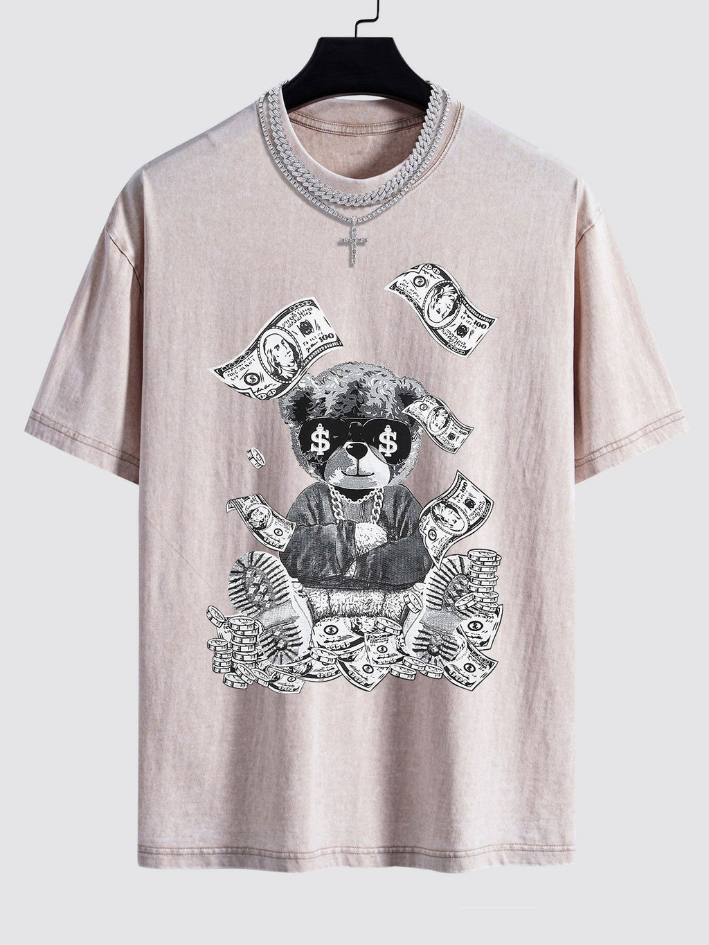 Money Bear Print Washed Drop Shoulder Oversize T-Shirt