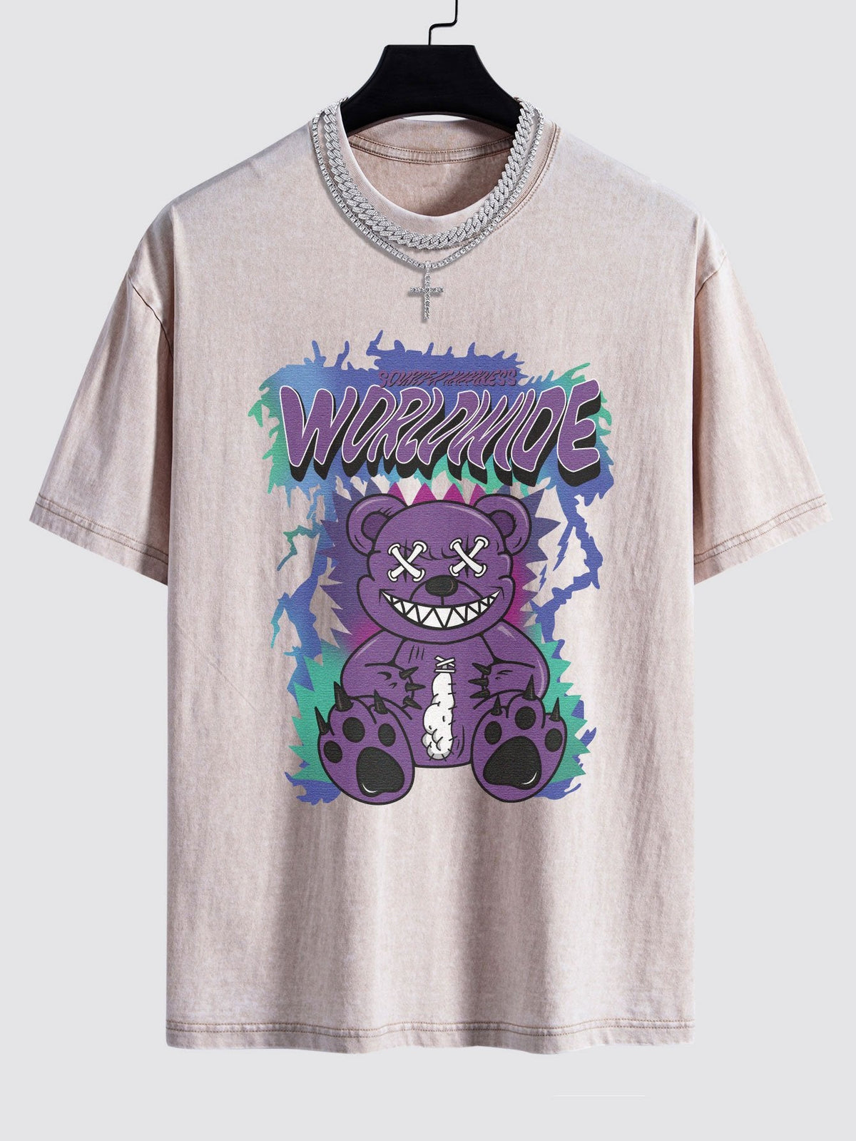 Tattered Bear Print Washed Drop Shoulder Oversize T-Shirt