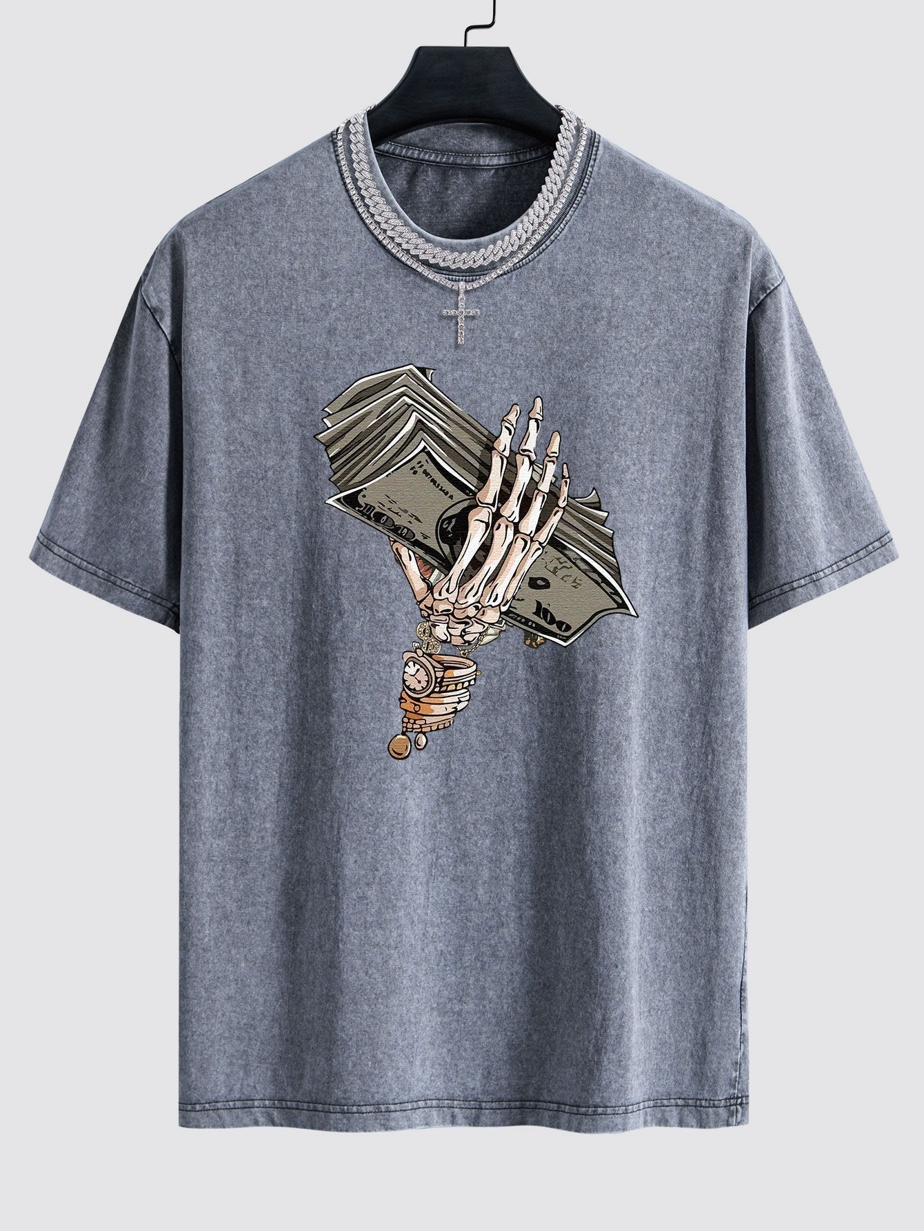 Skeleton Holding Cash Print Washed Drop Shoulder Oversize T-Shirt