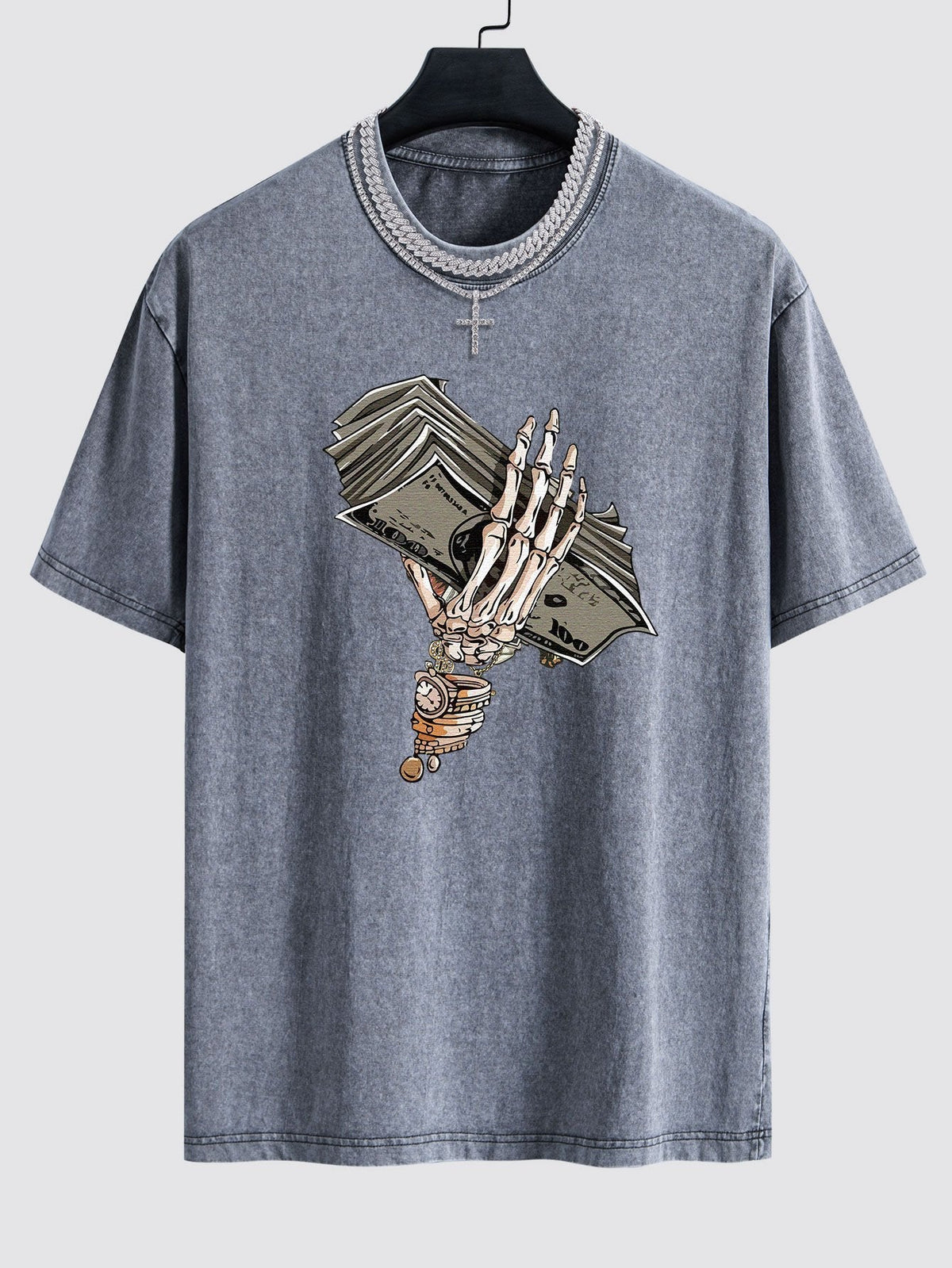 Skeleton Holding Cash Print Washed Drop Shoulder Oversize T-Shirt