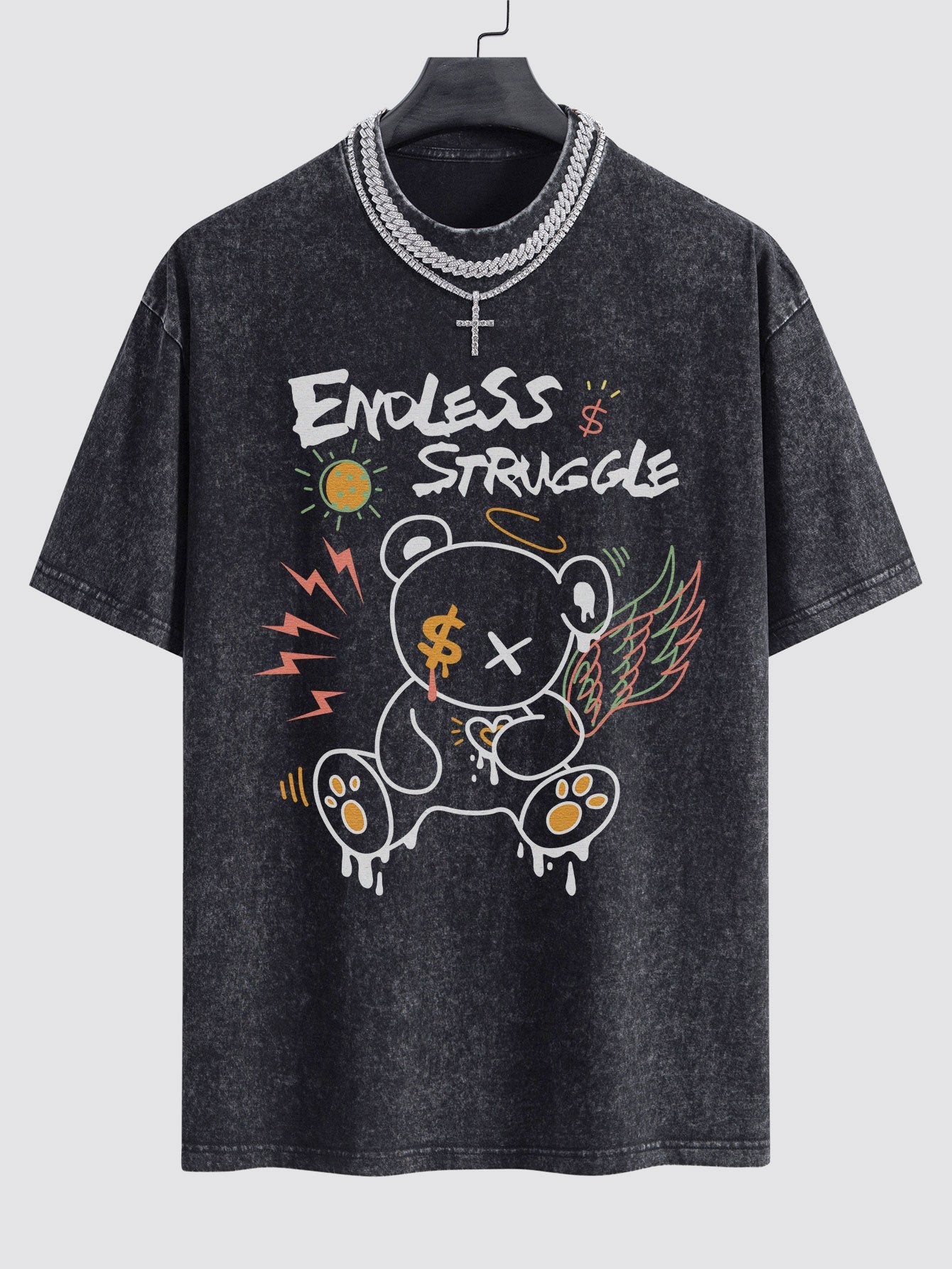 Graffiti Bear Print Washed Drop Shoulder Oversize T-Shirt