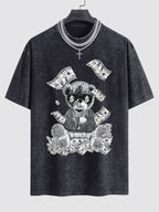 Money Bear Print Washed Drop Shoulder Oversize T-Shirt