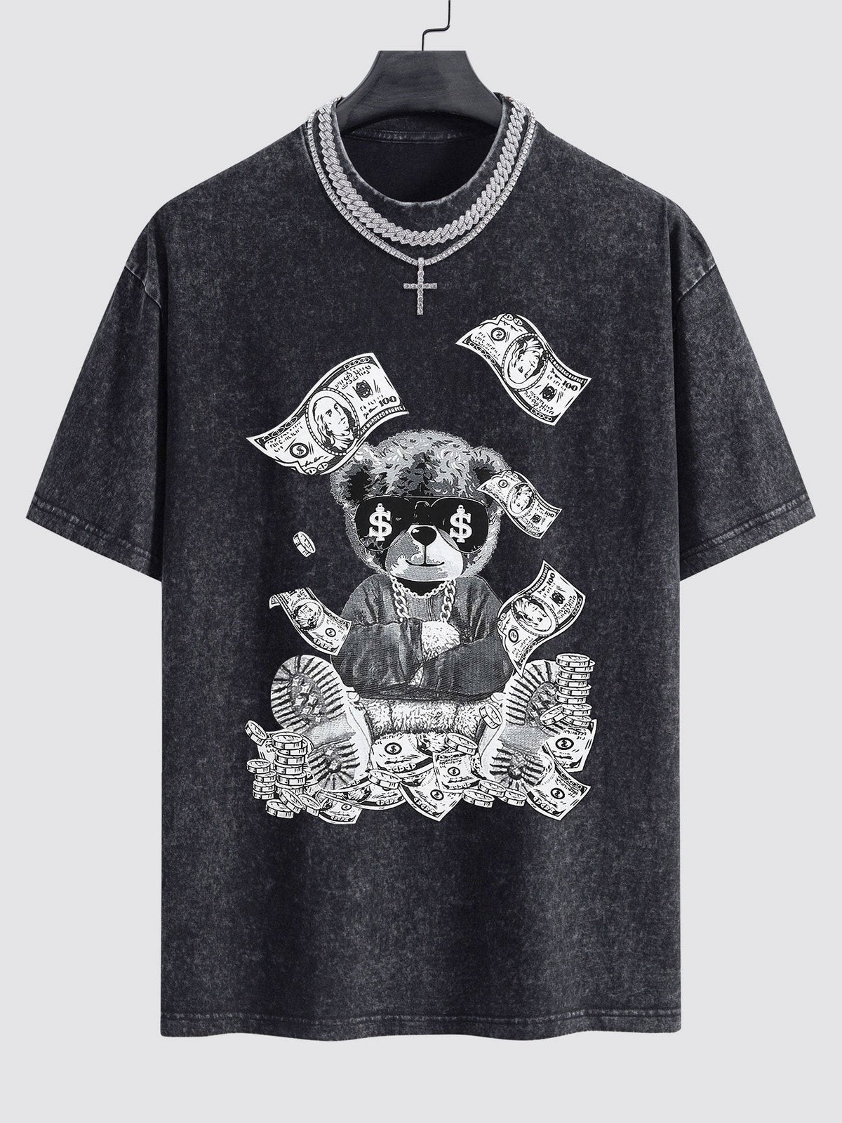 Money Bear Print Washed Drop Shoulder Oversize T-Shirt