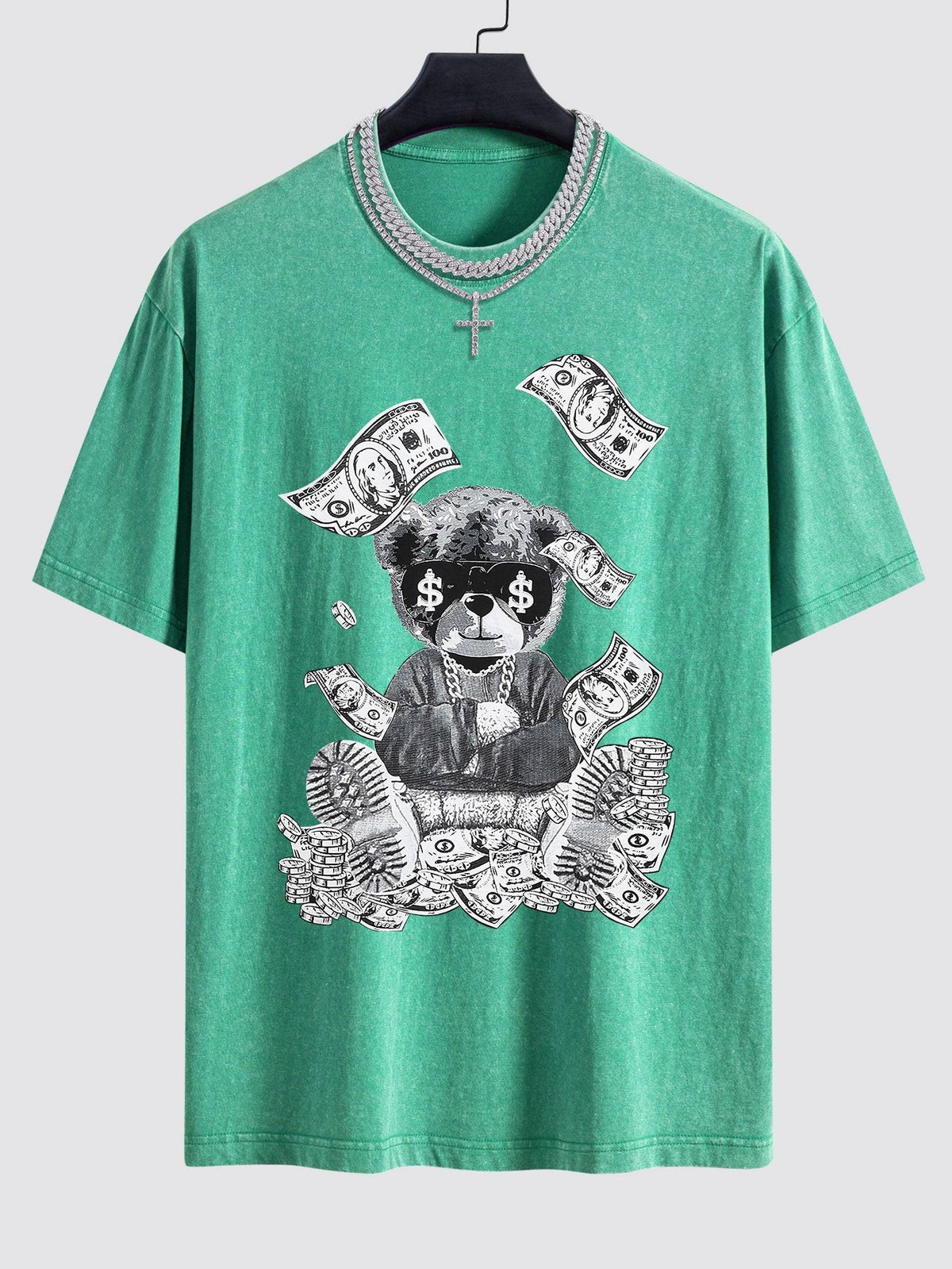 Money Bear Print Washed Drop Shoulder Oversize T-Shirt