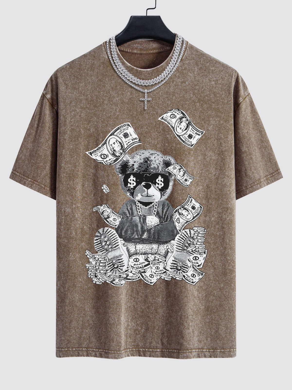 Money Bear Print Washed Drop Shoulder Oversize T-Shirt