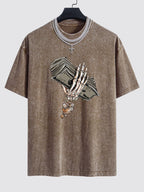 Skeleton Holding Cash Print Washed Drop Shoulder Oversize T-Shirt